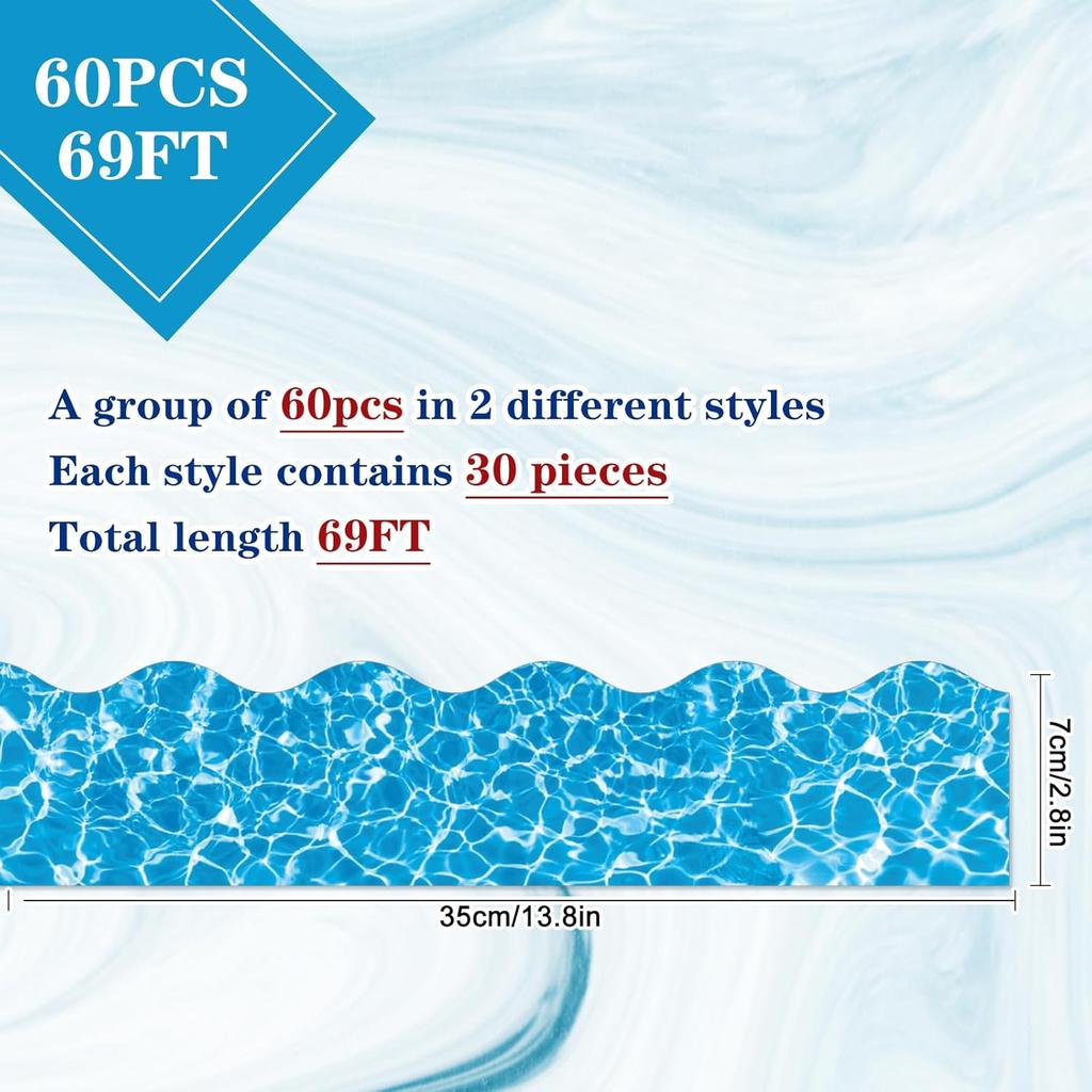 69Ft Ocean Wave Bulletin Board Border Water Ripples Coastal 60Pcs Blue Under The Sea Scalloped Trim Border Stickers Decal for Summer Back to School
