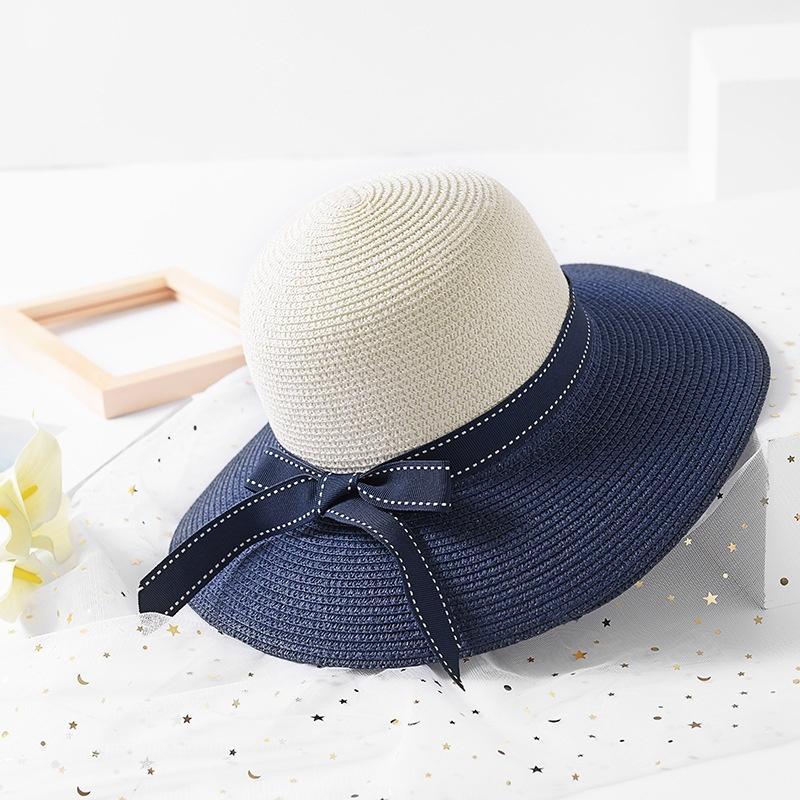 FashionTwo-color Patchwork Striped Bowknot Summer Sun Hat Women Straw Beach Hat Large Brimmed Hat