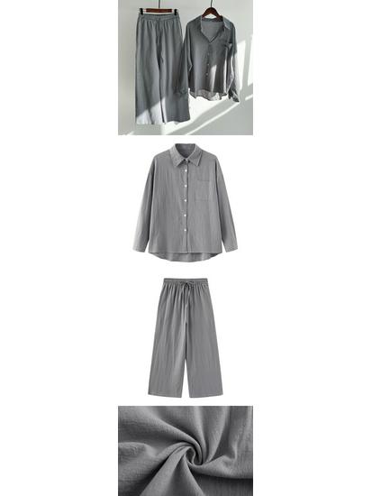 Women's Retro Plus Size 2-Piece Set: Cotton Linen Shirt & High Waist Wide Leg Pants