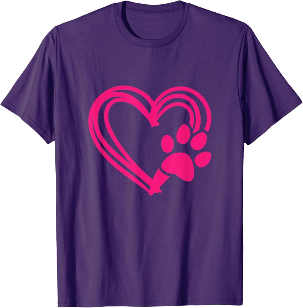 Pink Paw Print Heart Graphic Tee Casual Cotton Short Sleeve TShirt for Dog Lovers
