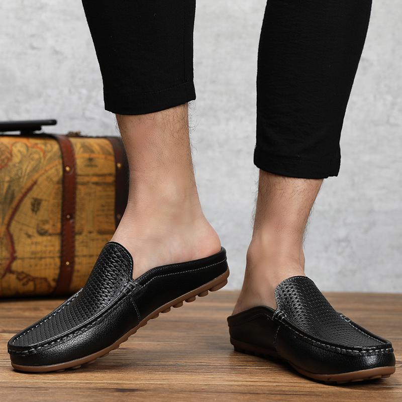 2024 Brand Half Shoes for Men Loafers Leather Driving Boat Shoes Summer Male Slippers Slip-on Men Casual Shoes Flats Moccasin