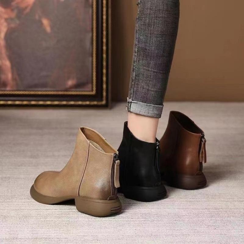 New Women's Shoes: Soft Leather Casual Retro Boots, Fashionable Women's Thick-heeled Round-toed Ankle Boots