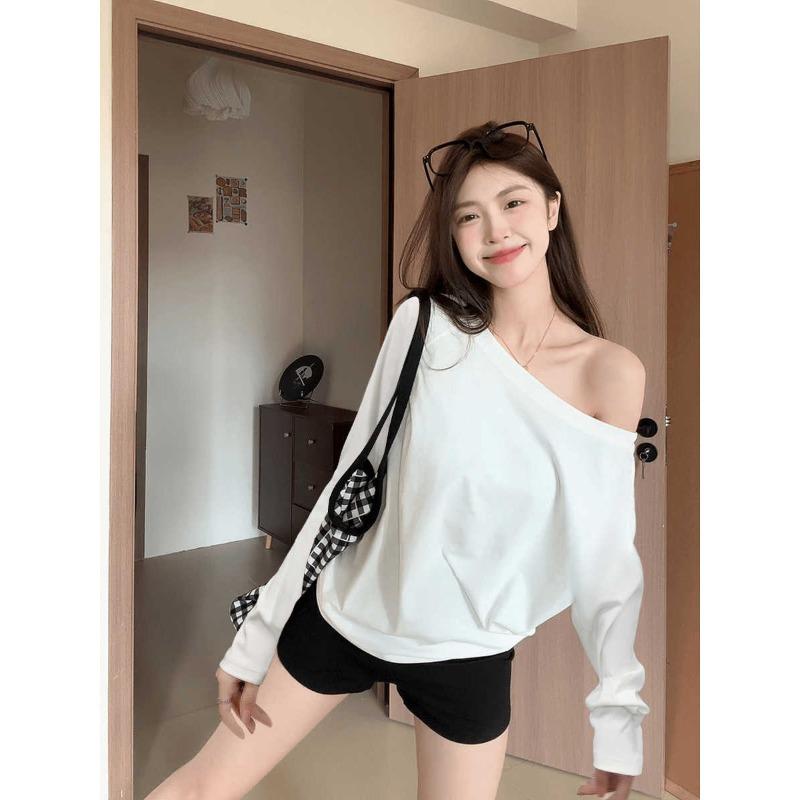 Spring pure desire one-word shoulder top women's loose lazy wind long-sleeved shirt off-the-shoulder versatile bottoming shirt