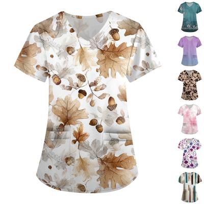 Plus SizePrinted Scrub Working Uniform Tops For Women's Cross V-Neck Print Short Sleeve Fun T-Shirts Workwear Tee With Pockets