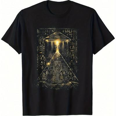 Men's 100% Cotton Alien Pyramid Graphic T-Shirt Black Short Sleeve Crew Neck with Golden Hierog