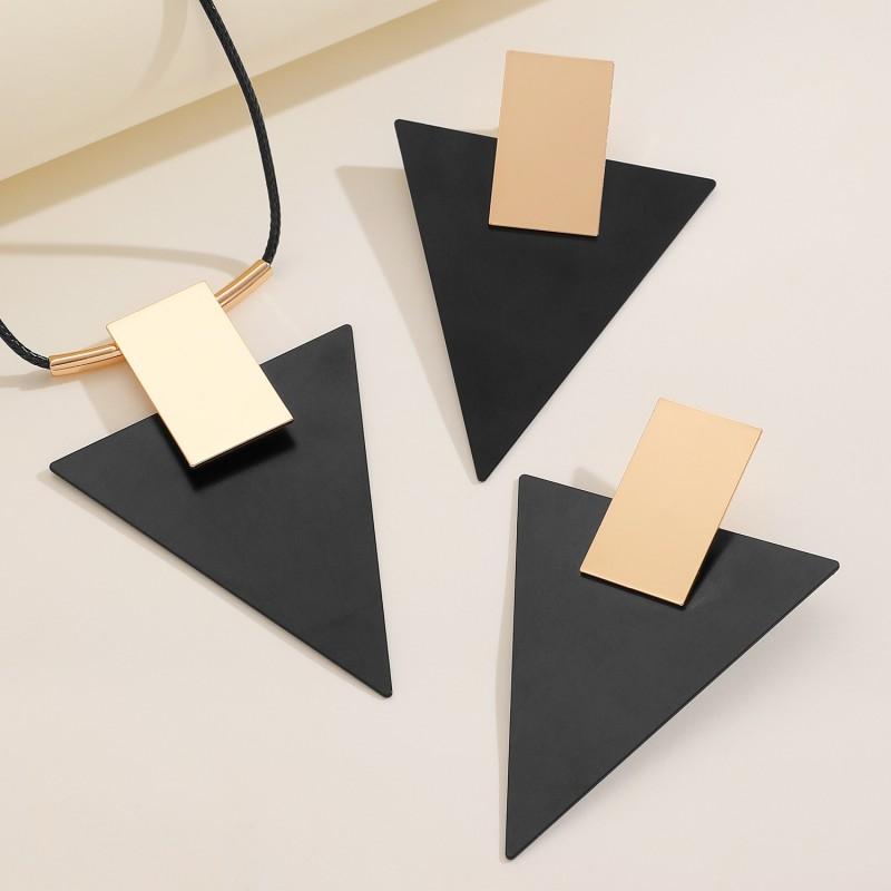 Geometric Rectangle Triangle Pendant Necklace Set With Black Cord Chain Stud Earrings Women