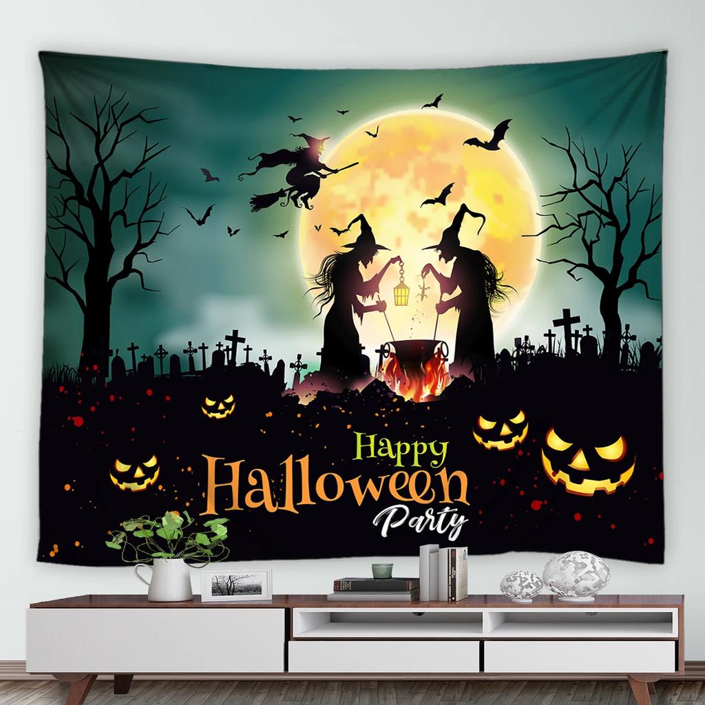 Happy Halloween Tapestry Horror Spooky Castle Pumpkin Wall Hanging Dorm Room Wall Decor Backdrop Fabric Halloween Wall Blanket