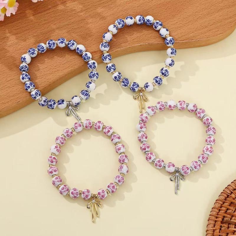 Elastic Blue And White Porcelain Bracelet Metal Beads Vintage Beads Bracelets Ceramics Antiquities New Chinese Style Bracelet