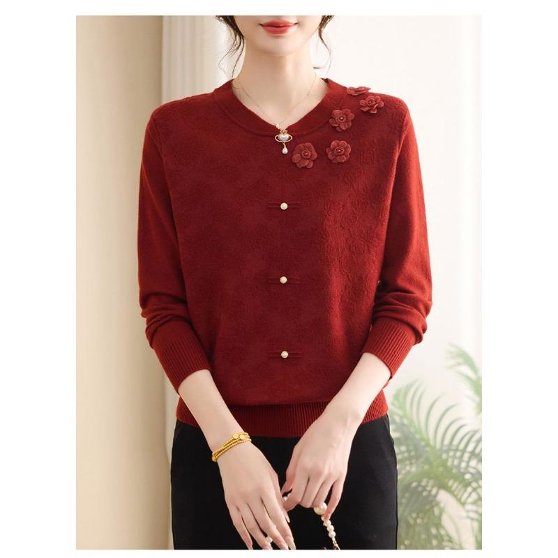 New Autumn Women's Spliced Round Neck Button Fashion Solid Loose Versatile Casual Long Sleeve Knitted Top