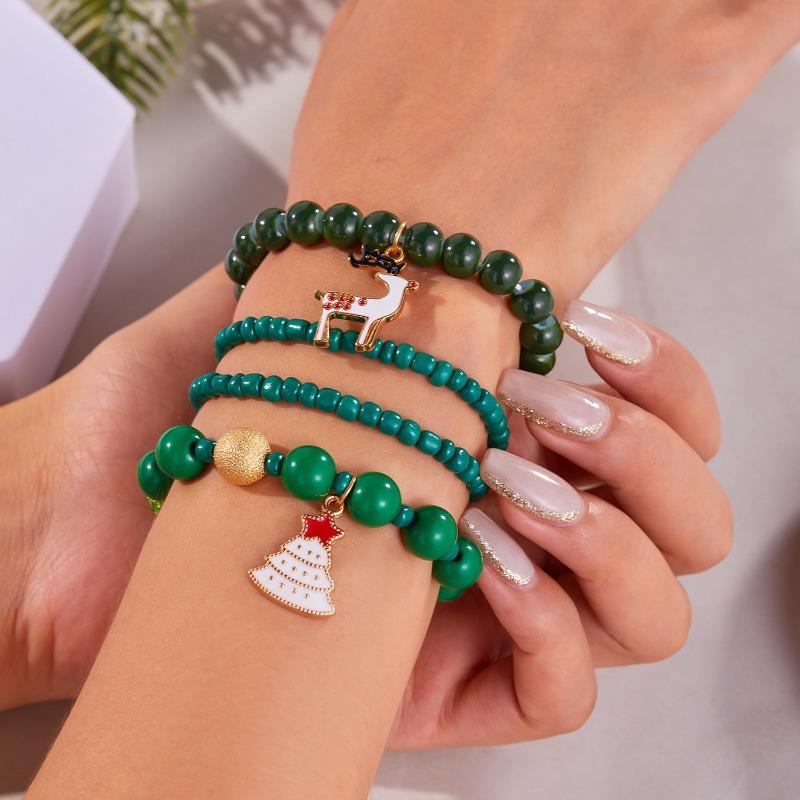 Christmas Day Color Acrylic Diamond Snowflake Bell Elastic Beaded Bracelet Christmas Set