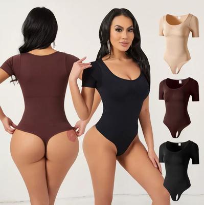Women's Square-Neck, Waist-Cinching, Tummy-Tucking, Form-Fitting, Seamless, Short-Sleeve, Thong-Style One-Piece Shaper