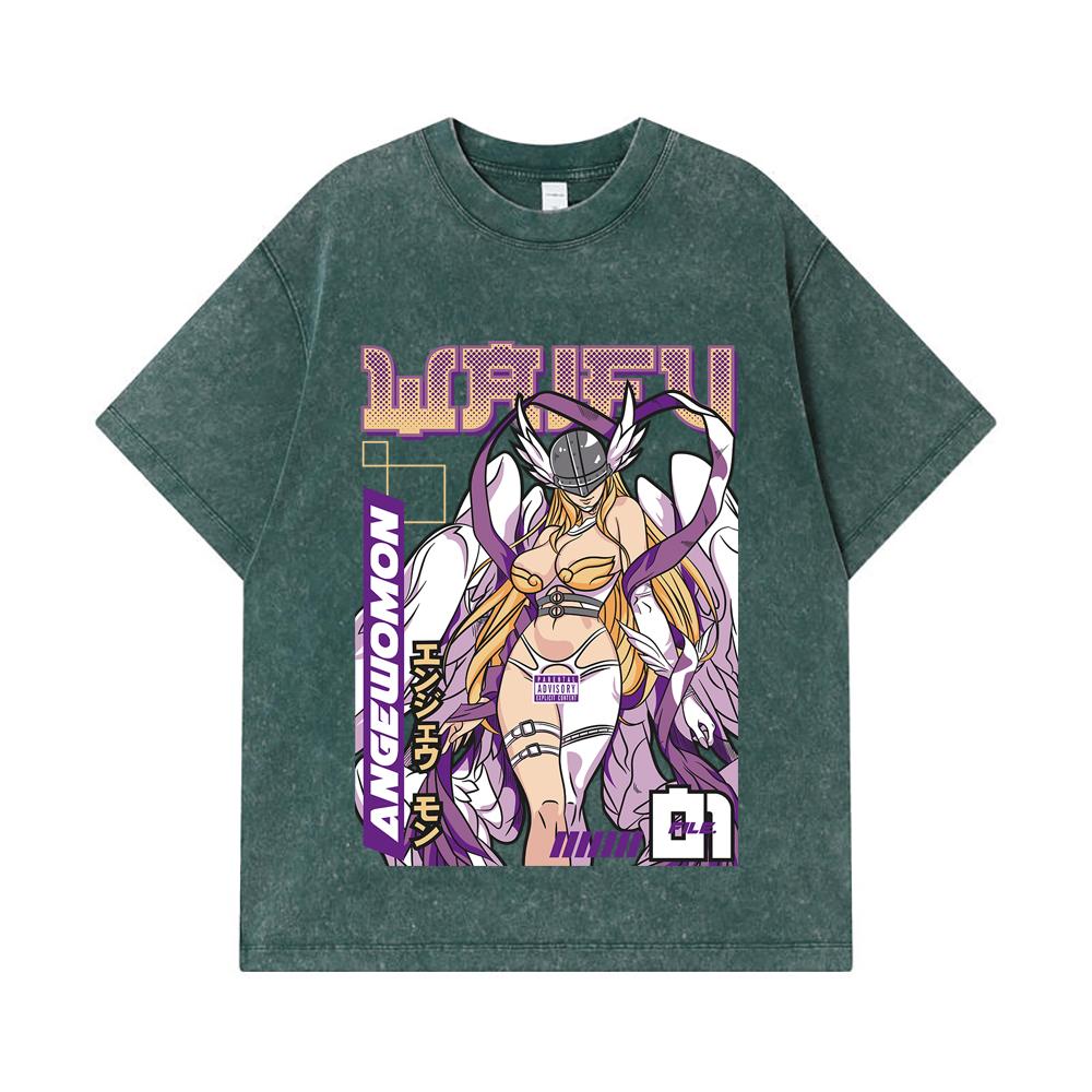 275 GSM Washed T-shirts 100% Cotton Digimon V9 Angewomon Waifu Print Unisex Heavy Cotton T Shirt