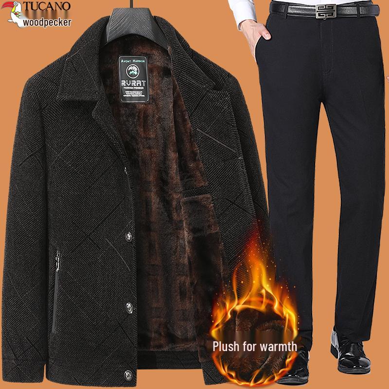 Woodpecker Dad Winter Coat Set: Warm Fleece-Lined Jacket for Middle-Aged and Elderly Men