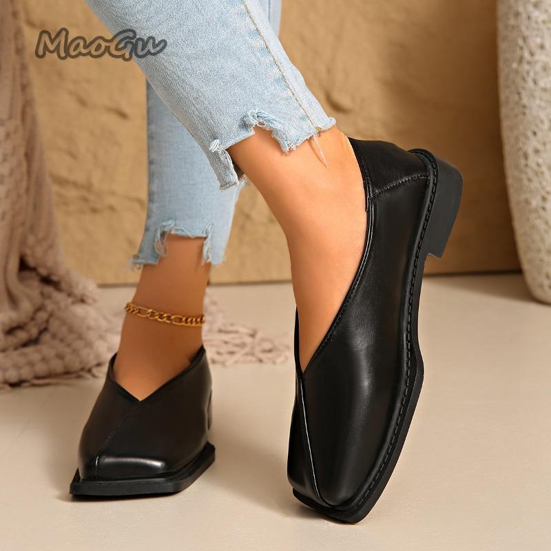 Black Brown PU Leather Square Toe Low Heel Pumps Slip on Women's Casual Shoes Comfortable Footwear Spring Autumn Size 36