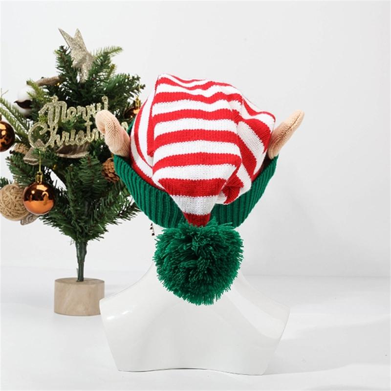 Knitted Acrylic Christmas Hats striped With Ear Top Winter Outdoor Wool Ball Daily Wear