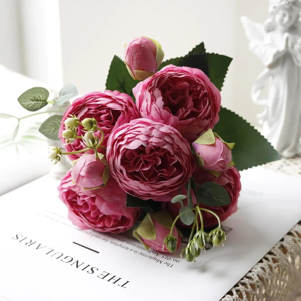 30cm Rose Pink Silk Peony Artificial Flowers Bouquet 5 Big Head and 4 Bud Cheap Fake Flowers for Home Wedding Decoration Indoor