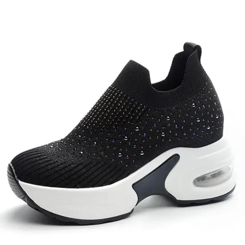 Fashion 8cm Air Mesh Stretch Fabric Sock Knitted Spring Autumn Platform Wedge Ankle Slip on Bling Women Fashion Rhinestone Booties Shoes