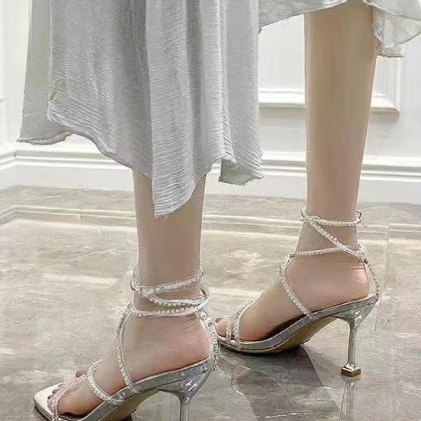 Fashion Elegant Women's Pumps Fashion Silver Rhinestone Sexy Pumps Summer Lady Fine Heel Open Toe Comfort Not Tired Foot Sandalias Mujer