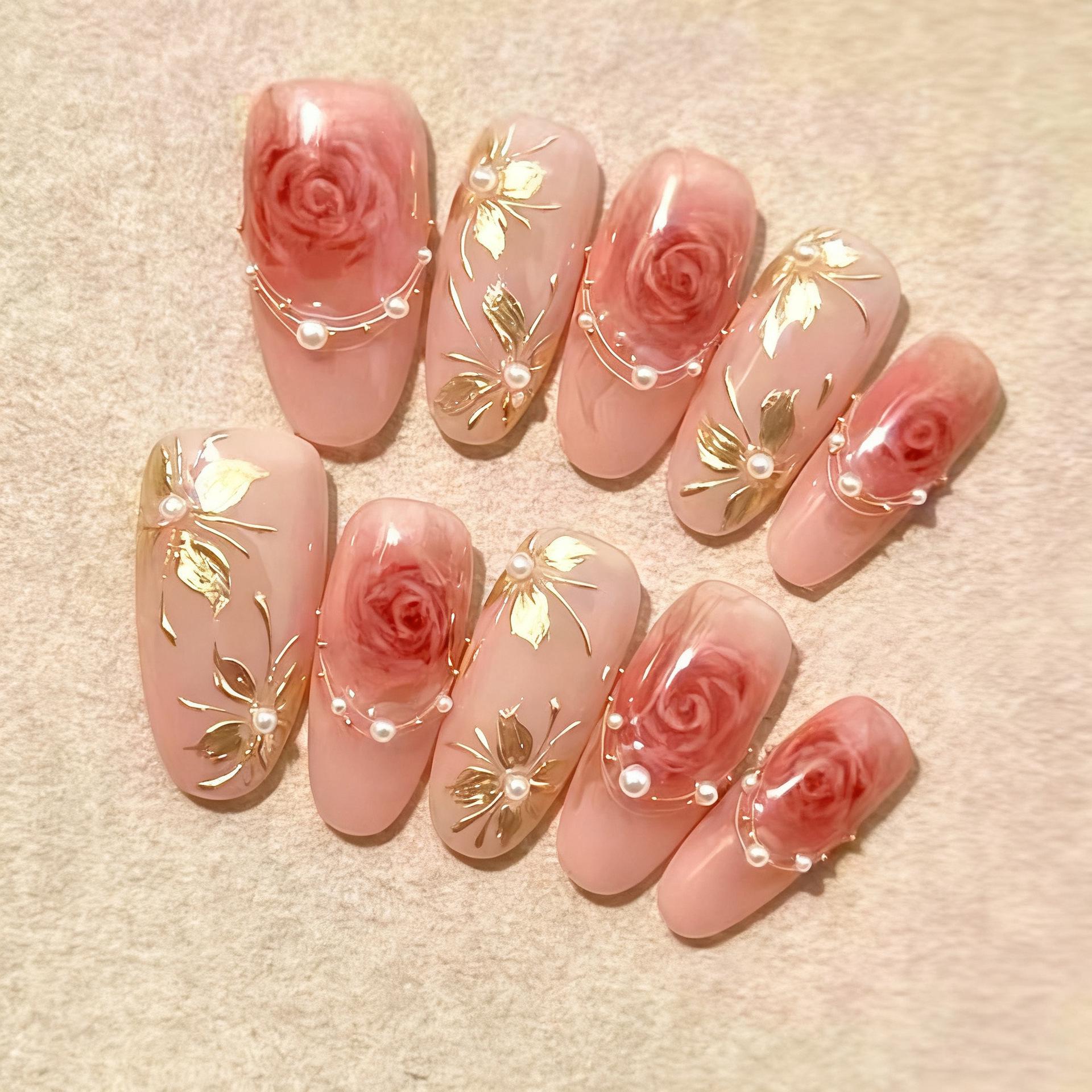30-Piece Valentine s Day Pink Rose Almond Nail Art with Gold Foil, Flowers, Pearls, and Rhinestones