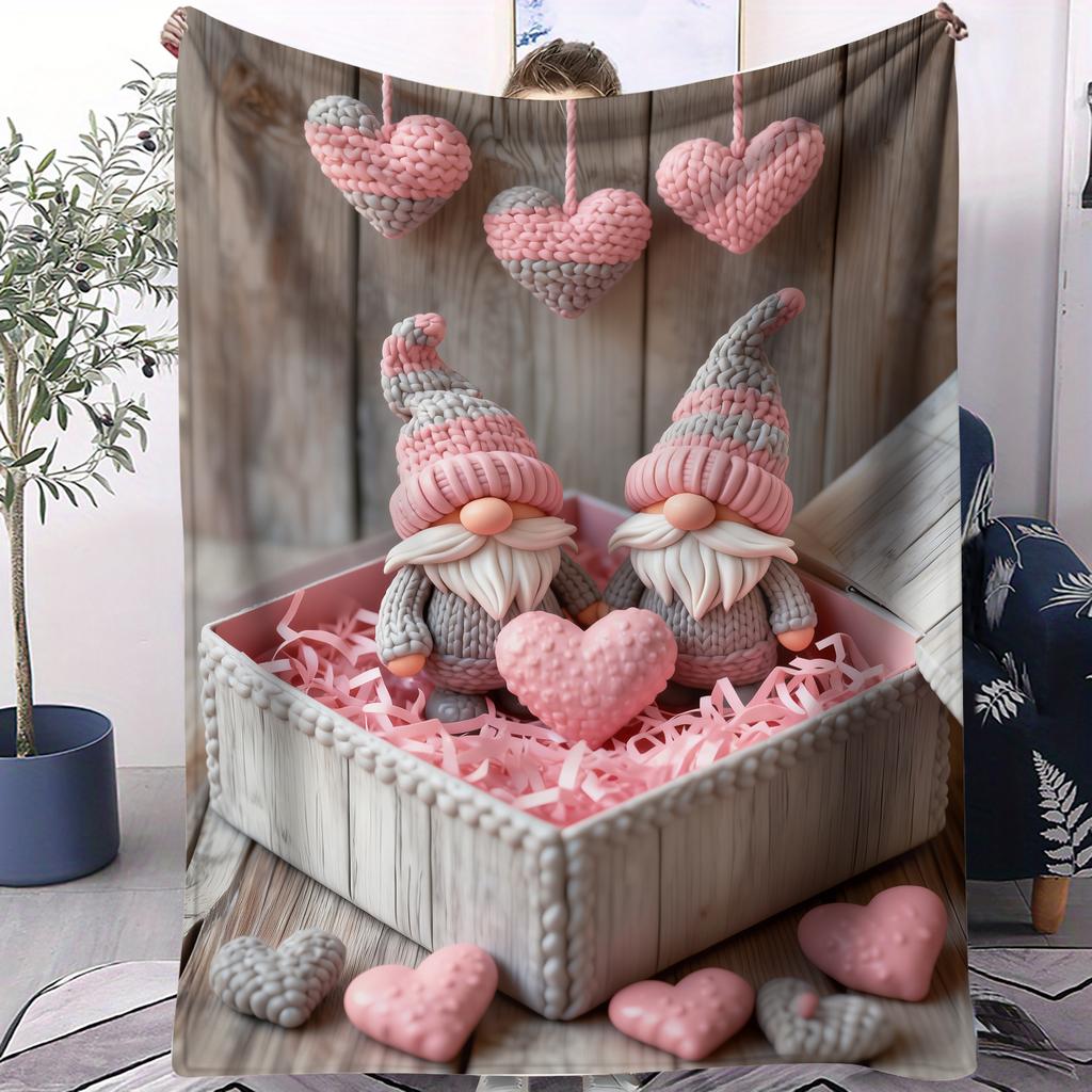 Schönes Gnom-Paar Flanelldecke mit Herzmuster Warmer Überwurf Leichte Kuscheldecke für Wohnzimmer Valentinstagsgeschenk