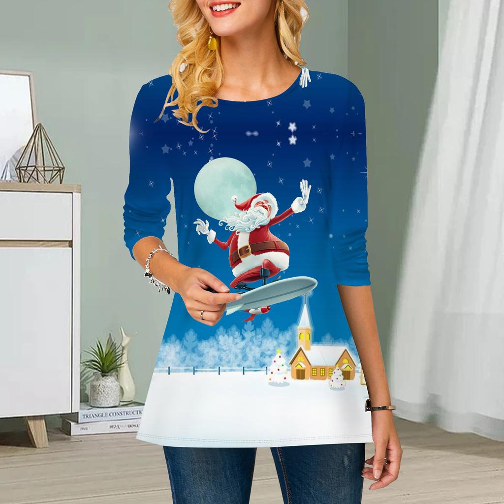 Plus Size Women Flower Santa Claus Print Round Neck Casual Loose Long Sleeve Top