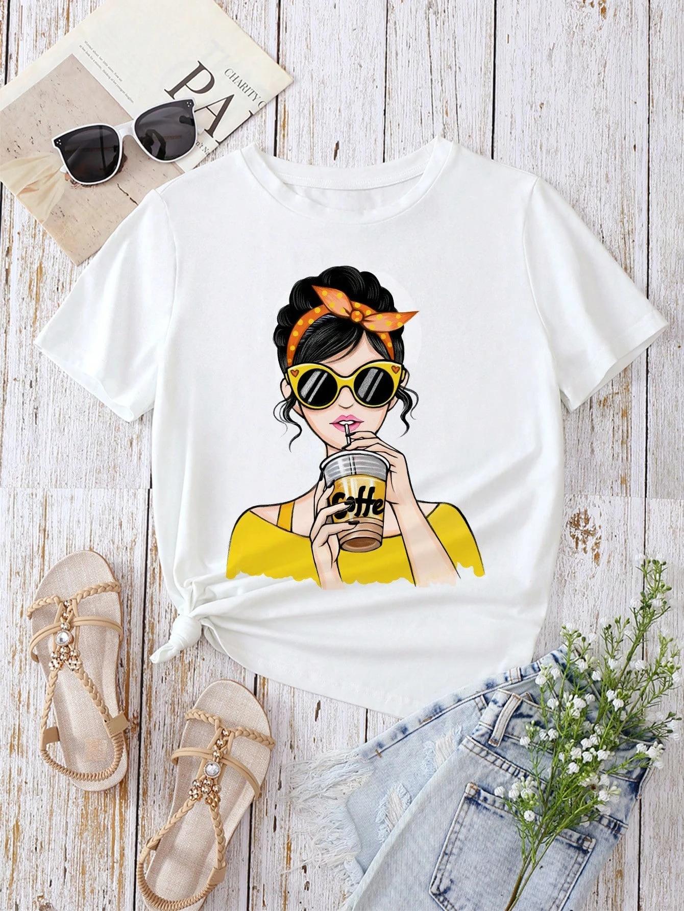 

2025 Womens Casual Portrait Print Crew Neck Short Sleeve Fitted TShirt Suitable Summer Cute T Shirt Clothing Tee FeUnisex Tops S