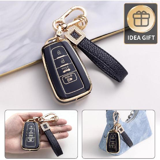 for Toyota Key Fob Cover with Leather Lanyard, Car Key Fob Case Compatible with 2018- Camry RAV4 Highlander Avalon C-HR Prius Corolla GT86 Smart Key