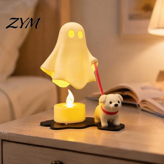 3D Printed Home Decor Halloween Ghost Walking Dog Figurine, Cute Spooky Statue with Modern Bedroom Shelf LED Candle, Tabletop Ornament for Holiday