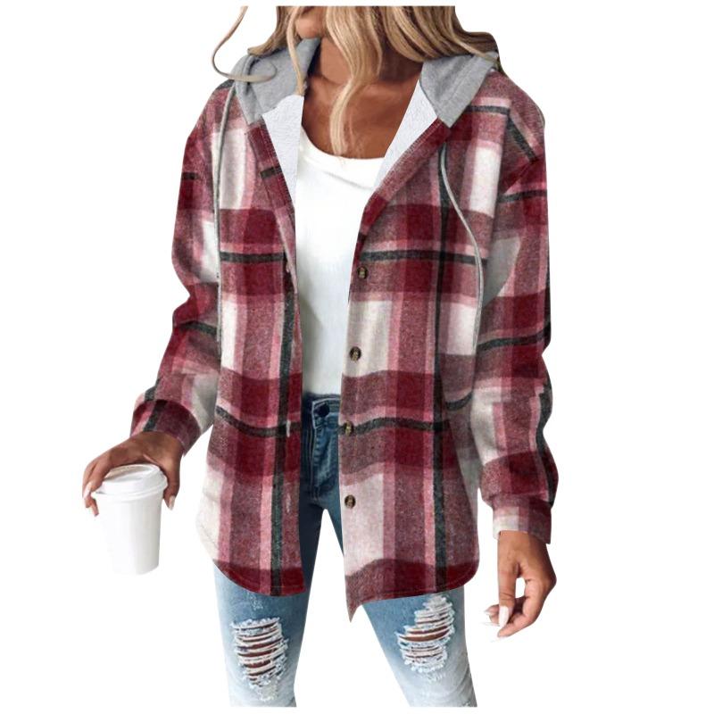 Women S Loose Fit Hooded Long Sleeve Plaid Plush Polyester Coat For Autumn Winter