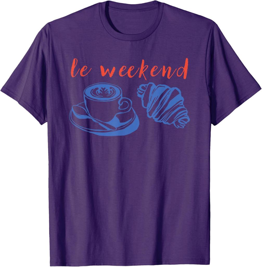 Le Weekend Coffee Croissant Graphic Tee Relaxing Casual Short Sleeve TShirt