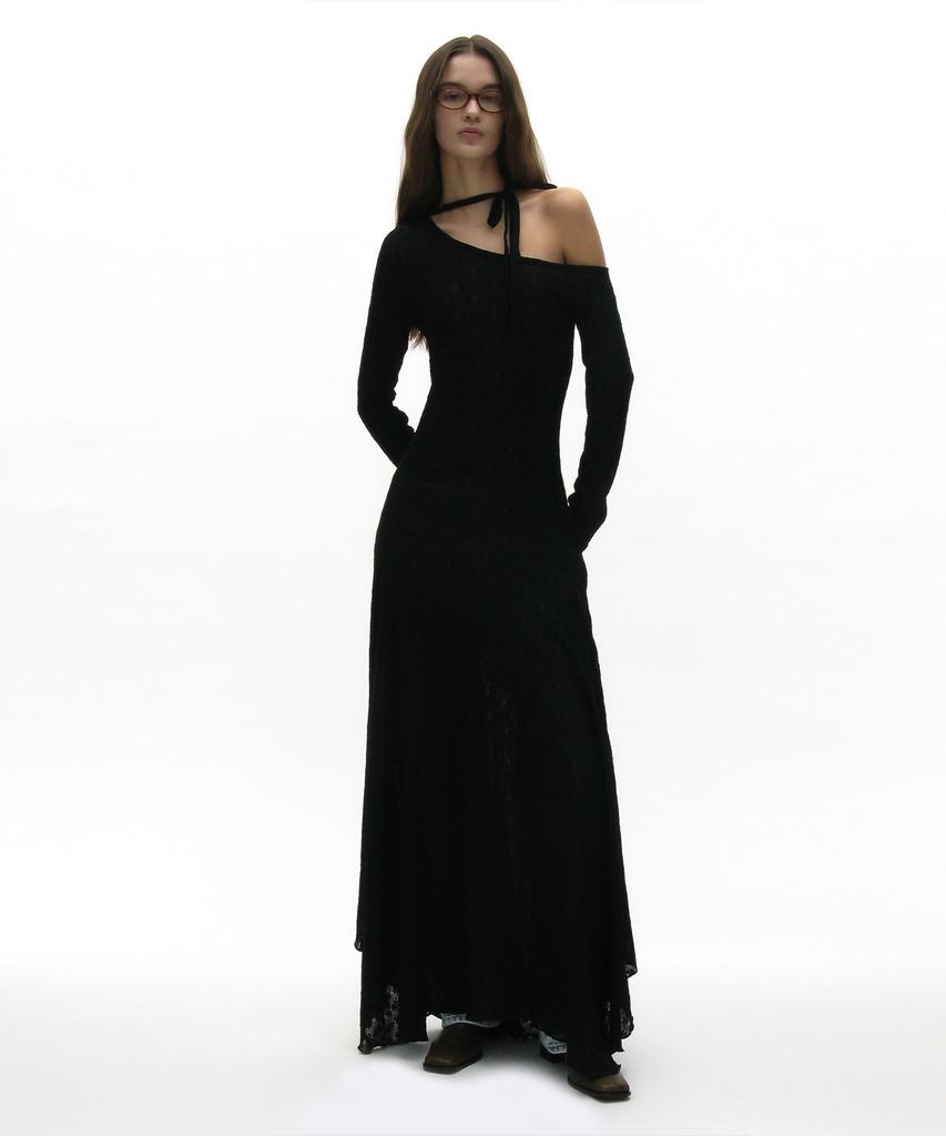 Partimento Woman Sheer Lace Tie-Neck Maxi Dress_Black