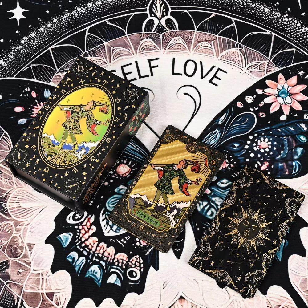 Black Gold Gilded Mystic Tarot Deck, Divination Tool with Luxury Finish 12*7cm 78 Pcs Waterproof Cards Based on Rider System