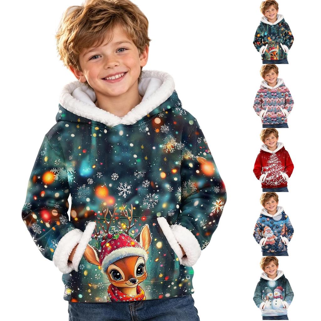 Kids Long Sleeve Christmas Print Casual Fashion Hooded Top