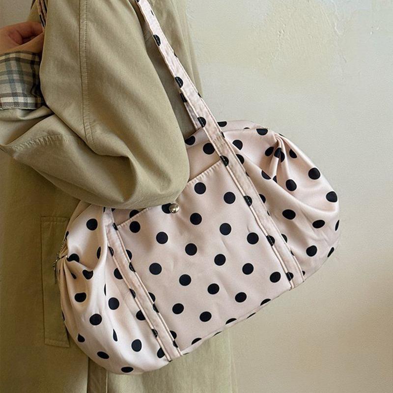 Korean Polka Dot Tote Bag Lightweight Nylon Handbag Women Casual Commute Shoulder Bag Large Capacity Sports Foldable Storage Bag
