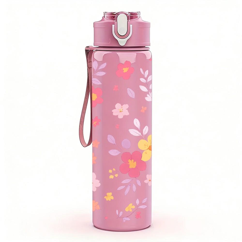 1PC Pastel Pink Floral 750ml Color Plastic Sports Water Bottle Leakproof Flip Straw Lid Suitable for Sports Office Home Use