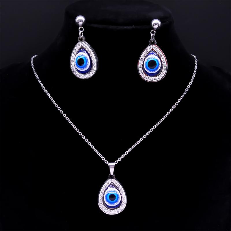 Lucky Turkish Eye Pendant Drop Earrings Chain Necklace Stainless Steel Greek Evil Blue Eye Jewelry Set for Women Christmas Gift