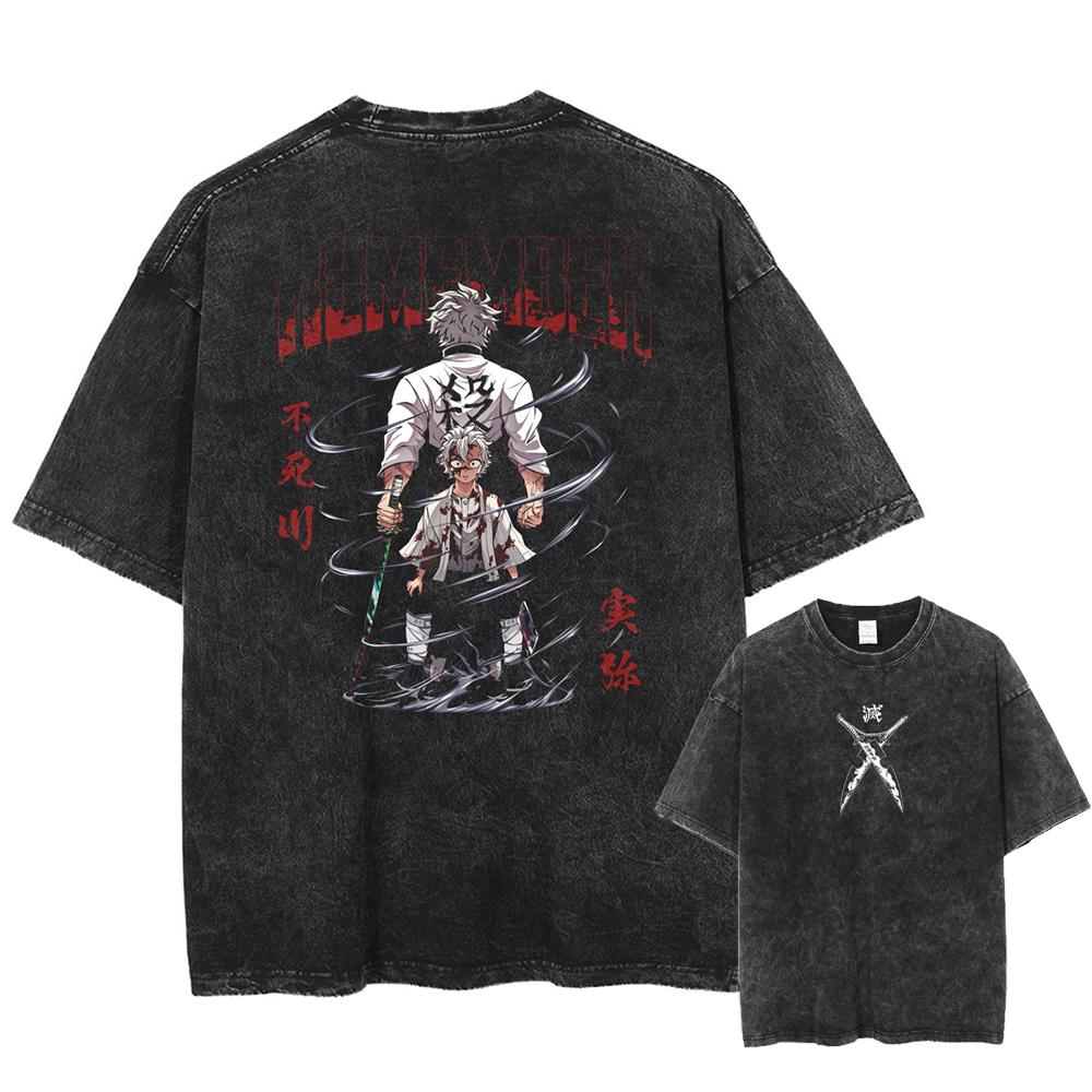 Men Streetwear Summer Rengoku Kyoujurou Top Tee Harajuku Anime Demon Slayer Printed T-shirt Vintage Washed Oversized Tshirt