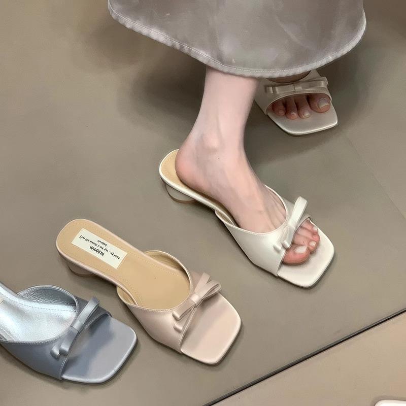 Fashion 2025 New Slipper Mules Low High Heels Shoes Summer Best Street Look Females Square Head Open Toe Bow Strappy Sandals Women