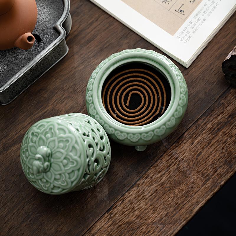 Handmade Ceramic Incense Burner with Metal Lid - Zen Meditation Home Decor Spiritual Gift Yoga Relaxation Incense Ash Catcher