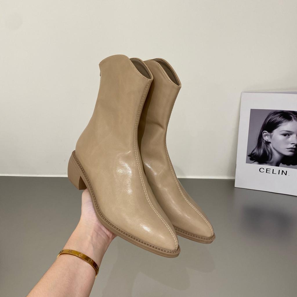 2024 Pointed Toe Women Soft Leather Ankle Boots Back Zipper Short Booties Retro Style Autumn Winter Female Boots D79