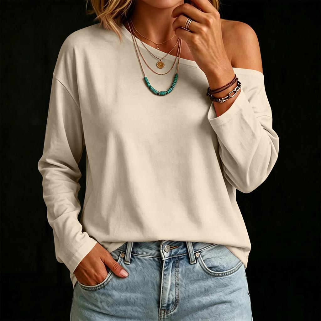 Women's Casual Long Sleeve Loose Fit T-Shirt with Asymmetrical Neckline Color