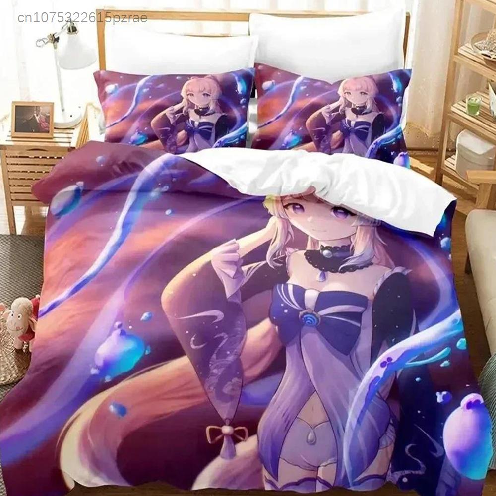 Anime Genshin Impact Sangonomiya Kokomi Bedding Set Printed With Pillowcase Bed Duvet Cover Soft Queen King Size Bedclothes Home