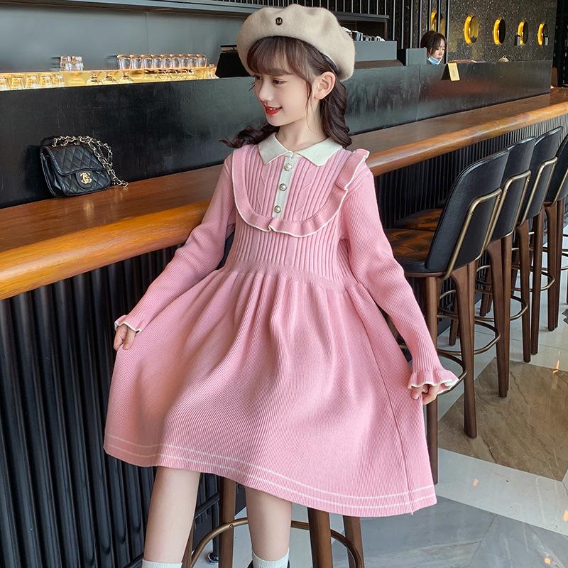 Girls' 2025 Princess Style Sweater Dress - Knitted Pullover for Spring & Winter, Korean Fashionable Wool Dress.