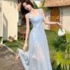 French Gentle Wind Blue Suspender Dress Summer Korean Temperament Vacation Style Waist Thin a Word Long Skirt