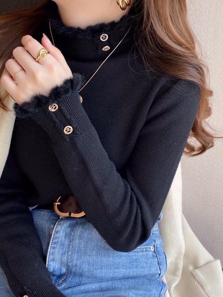 Women's One-Piece Fleece Sweater, Warm 2024 Autumn/Winter Design, Fashionable Thick Half-High Collar Base Layer Top.