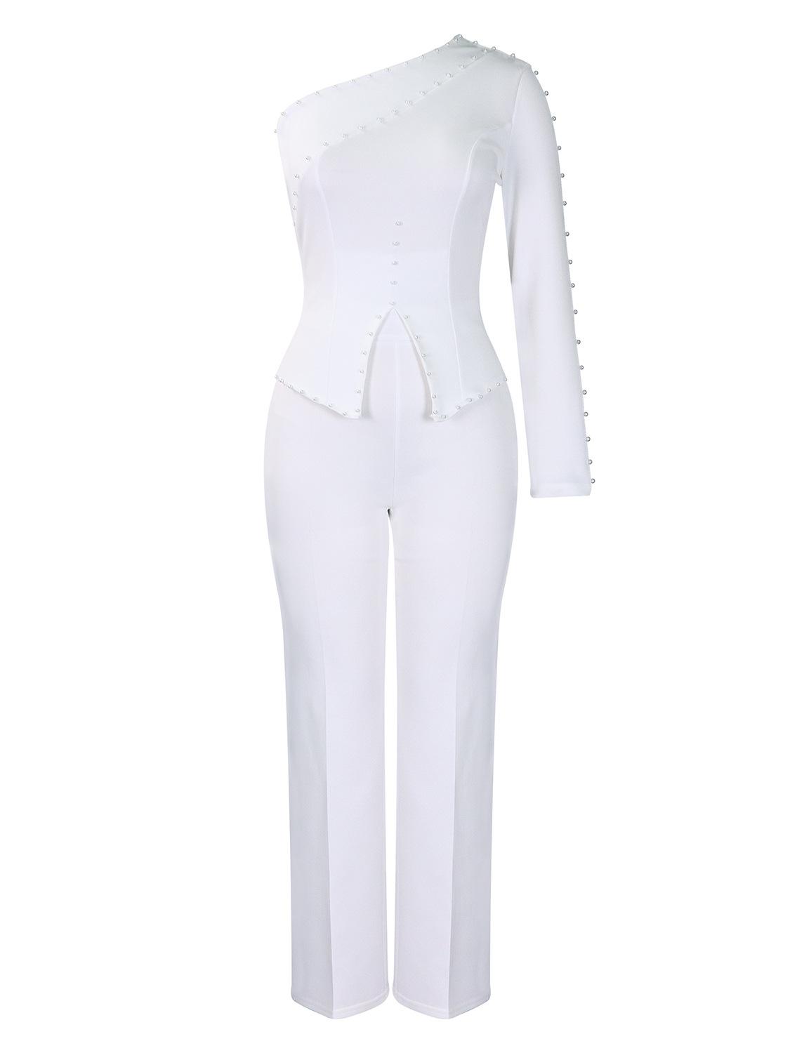 

Women s spring new slanted shoulder beads OL Tongle two-piece set large size set XXXL білий