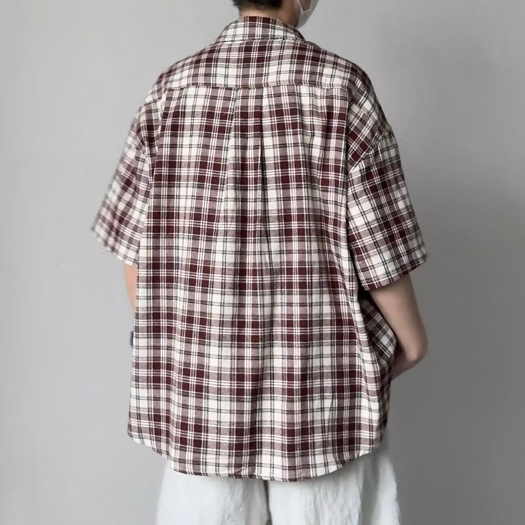 Sommer Neues Farbblockiertes Kariertes Revershemd Japanisches Retro Taschen Dekoration Kurzarmhemd