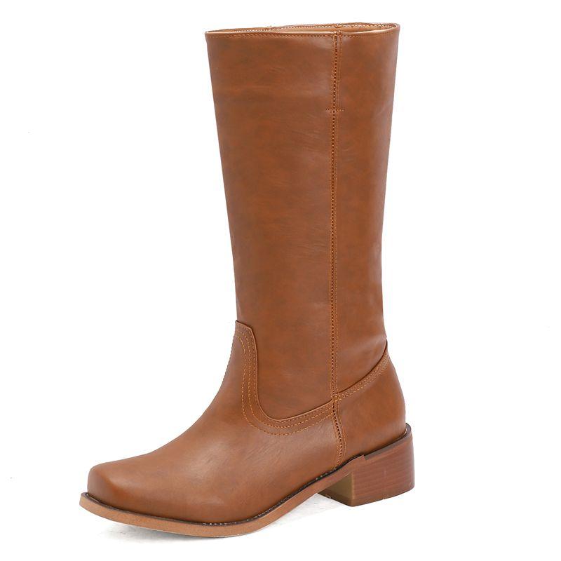 2025 Vintage Western Boots for Women Square Toe Block Heels 4.5cm Slip on Plus Size 47 48 Leisure Daily Mid Calf Bota
