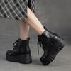Johnature Retro Thick Sole Wedges Short Boots Genuine Leather Women's Height-increasing Shoes