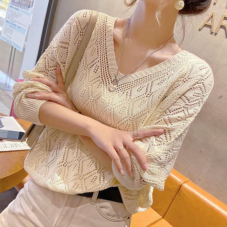 V-neck Crocheted Hollow Knitted Three-quarter Sleeve Blouse Women's Thin Spring Loose Bat Shirt Short Top